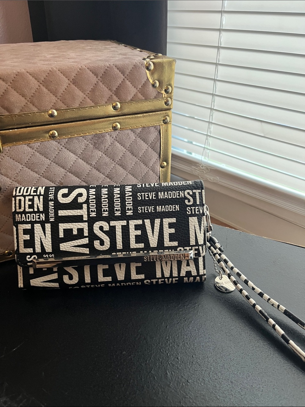 Steve Madden Black & White Logo Clutch Wallet with Wrist Strap